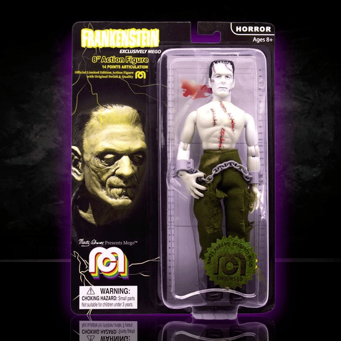 Mego 8-inch Frankenstein horror action figure with 14 points of articulation in collectible retro packaging