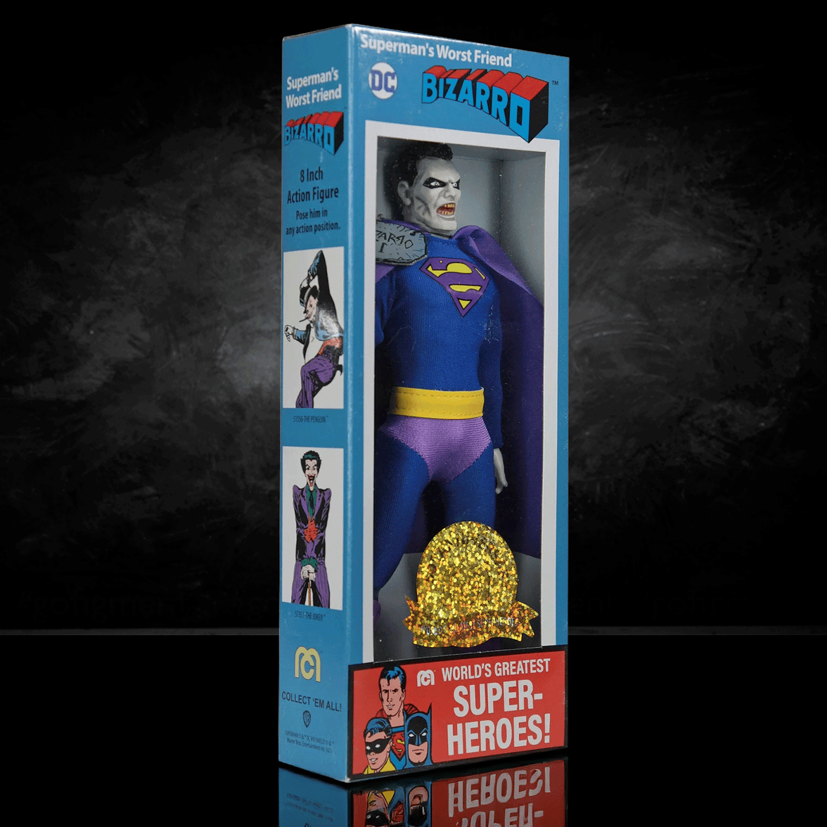Mego 8-inch Bizarro action figure in blue and purple costume with yellow belt, displayed in retro collectible packaging