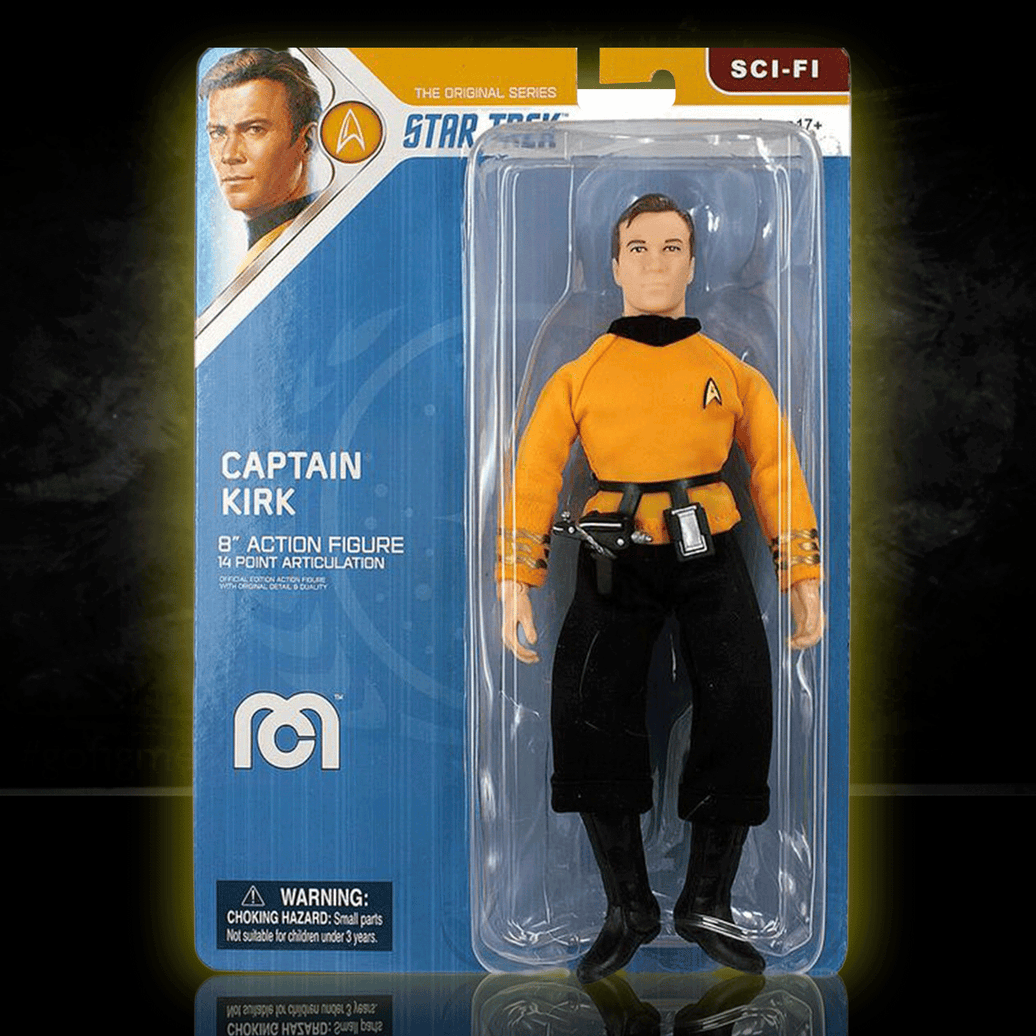 Mego 8-inch Captain Kirk action figure in classic Star Trek uniform displayed in original sci-fi packaging