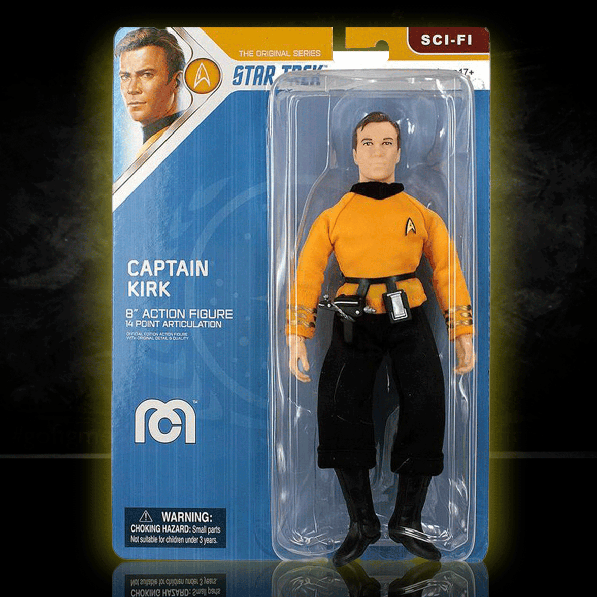 Mego 8-inch Captain Kirk action figure in classic Star Trek uniform displayed in original sci-fi packaging