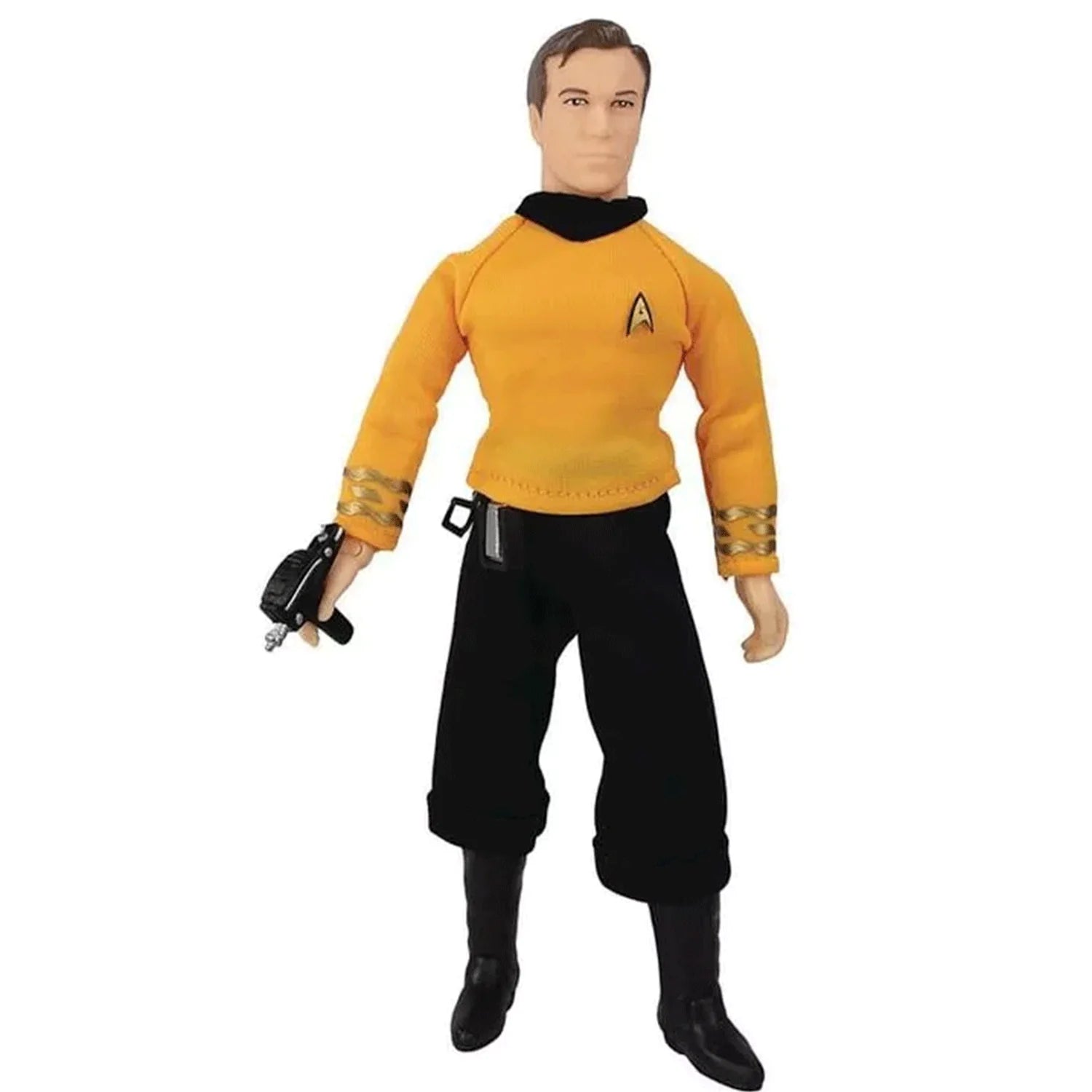 Captain Kirk Retro Style Articulated Mego Action Figure 8 inch by Mego wearing yellow uniform with phaser accessory