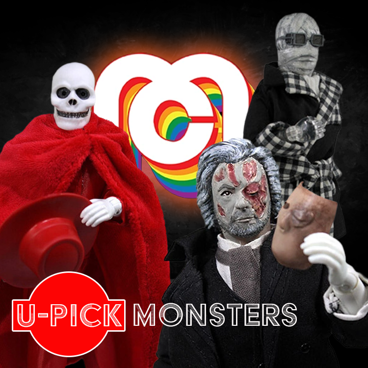 Mego 8-inch collectible action figures featuring classic monster characters with retro U-Pick Monsters logo backdrop