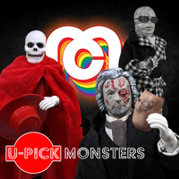 Mego 8-inch collectible action figures featuring classic monster characters with retro U-Pick Monsters logo backdrop