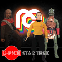 Mego Star Trek 8-inch action figures featuring Klingon, Captain Kirk, and Gorn characters with U-Pick logo background