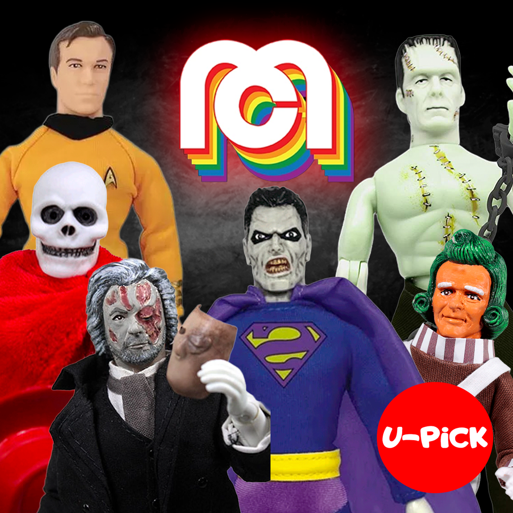 Group of vintage Mego 8-inch collectible action figures from various classic genres with U-Pick logo on background
