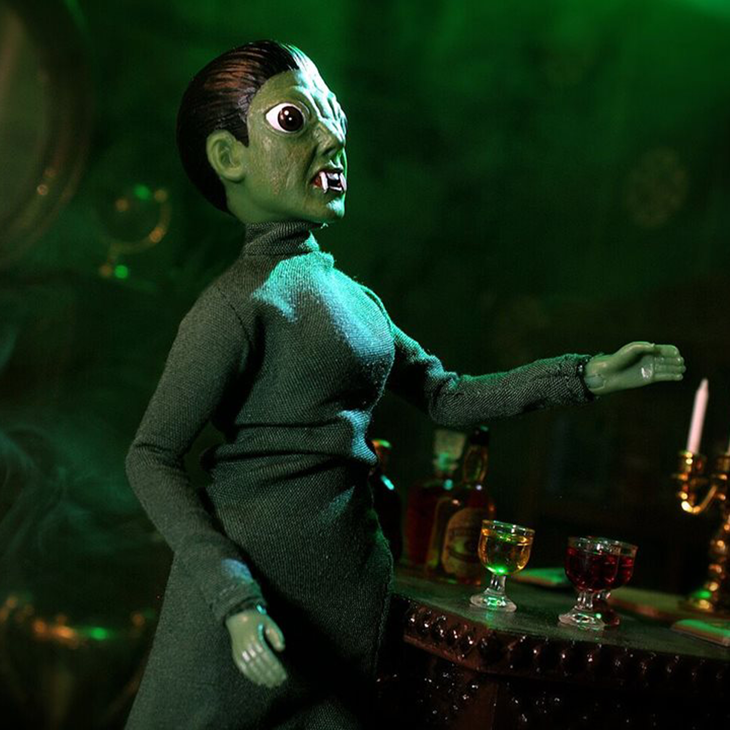 Hammer Reptile Mego 8-Inch Action Figure 8 Inch in green attire posed beside a bar with drinks, by Mego.