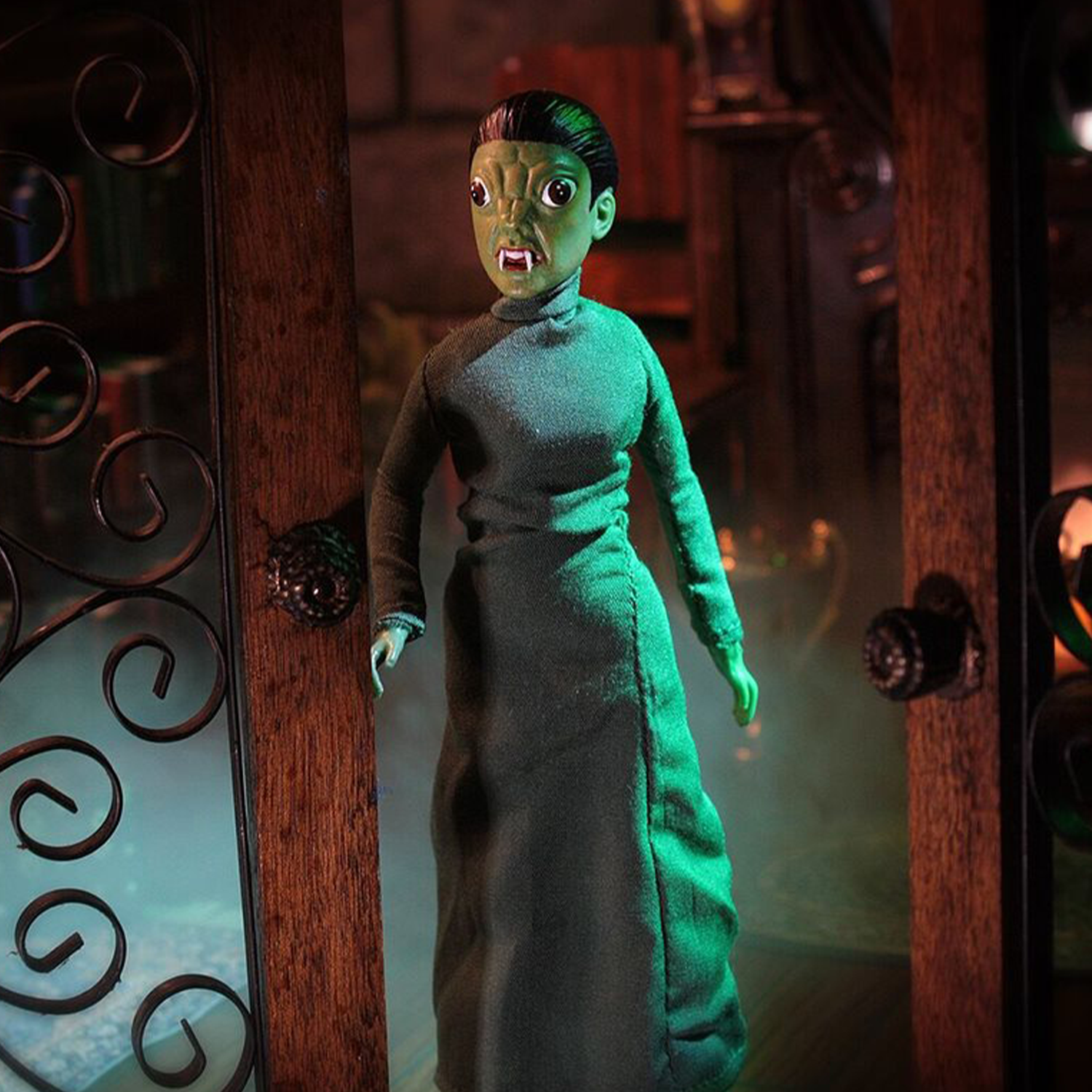 Hammer Reptile Mego 8-Inch Action Figure 8 Inch by Mego posed inside a spooky, vintage-style setting with dramatic lighting.