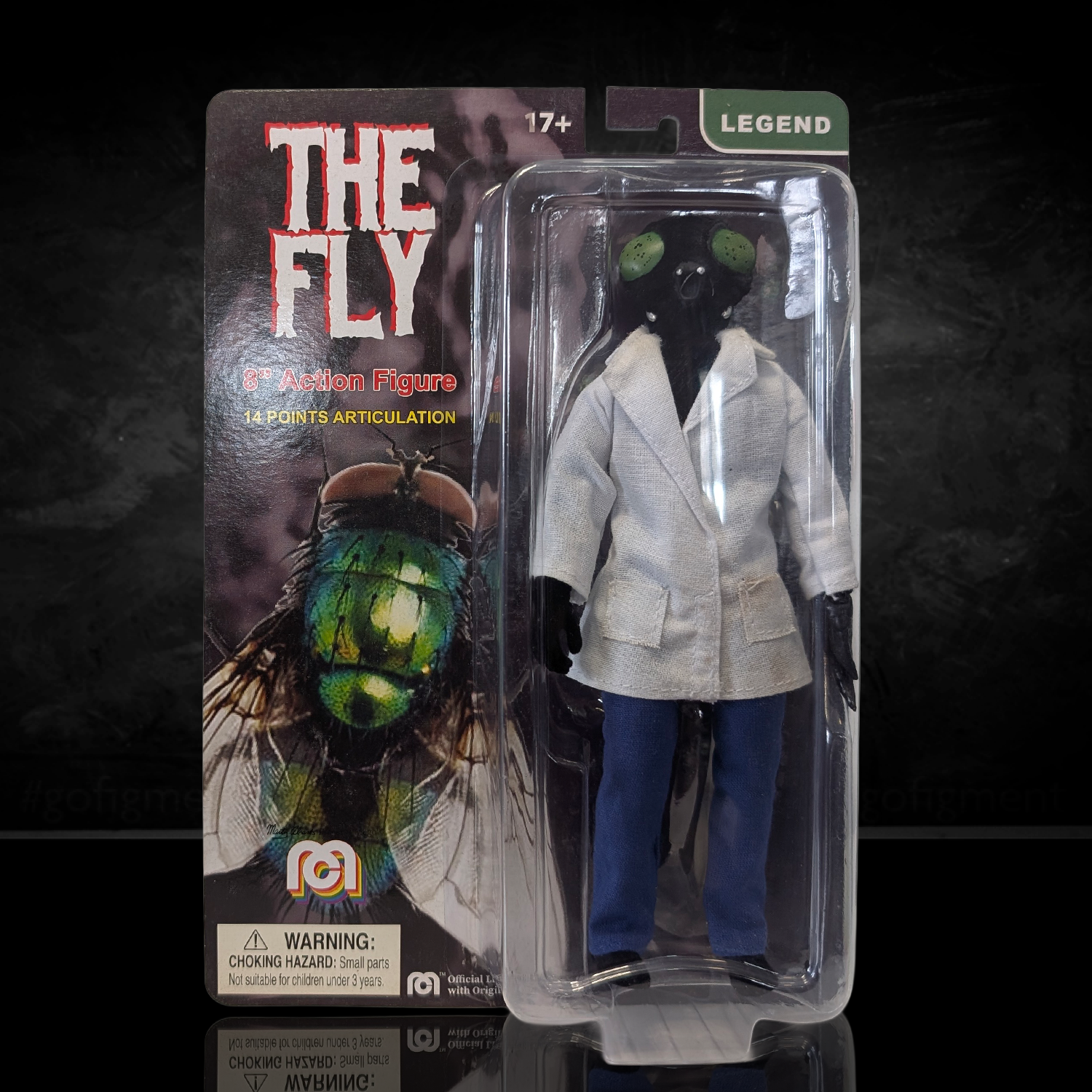 The Fly Articulated Mego Action Figure 8 inch in packaging with detailed fly head and lab coat by Mego