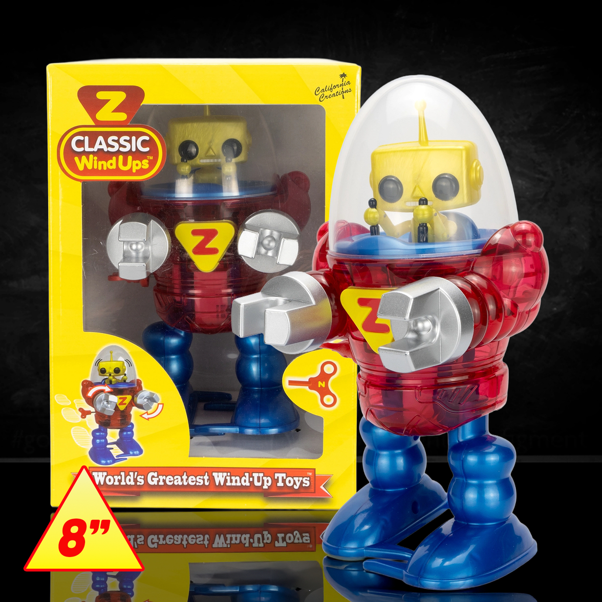 California Creations - Z Classics Robot, Merlin 8-inch red and blue wind-up toy, new in box collectible figure