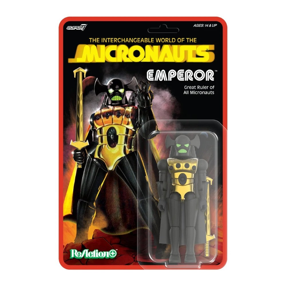 Emperor Micronauts Super7 ReAction+ Action Figure with Sword and Cape in black and gold new in box collectible