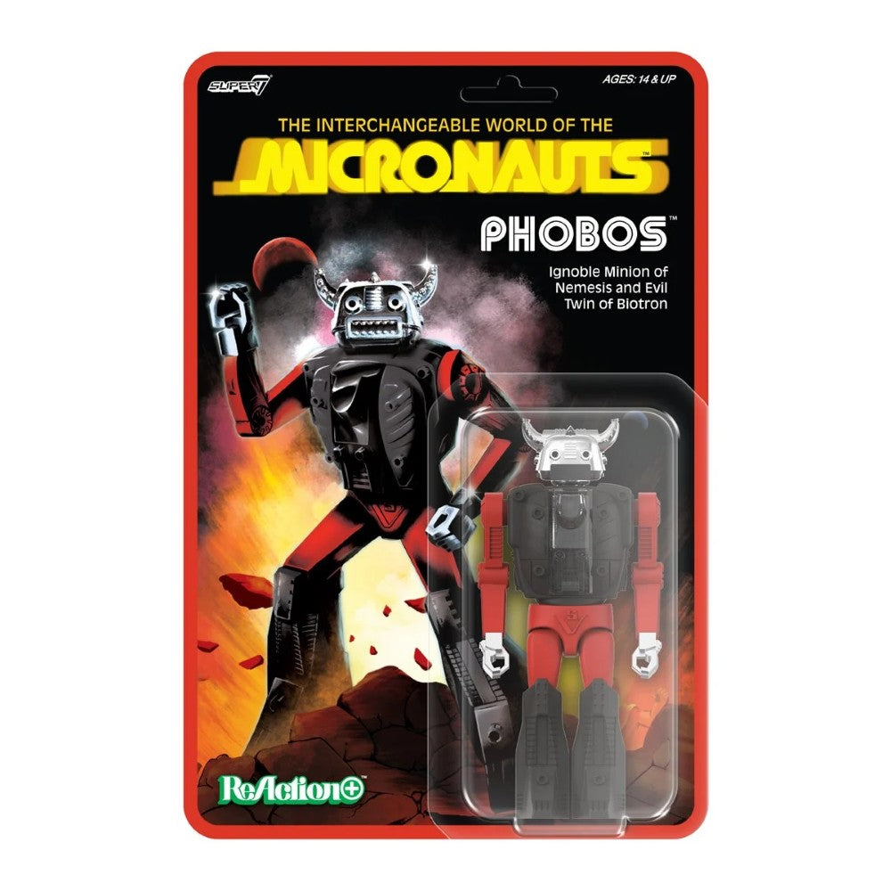 Phobos Micronauts Super7 ReAction+ Action Figure 12 Points of Articulation new in box with character art and fiery background