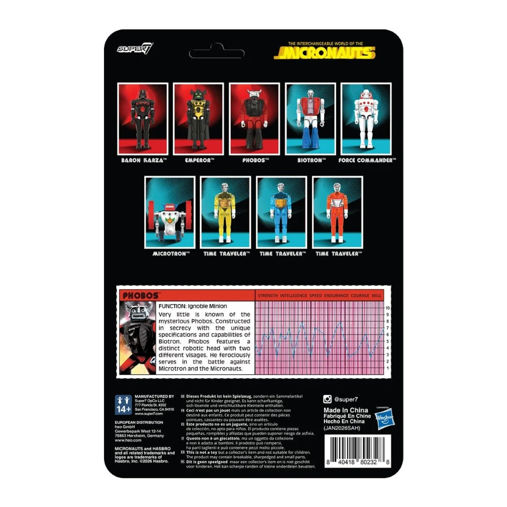Phobos Micronauts Super7 ReAction+ Action Figure 12 Points of Articulation new in box with character stats and series lineup on card back