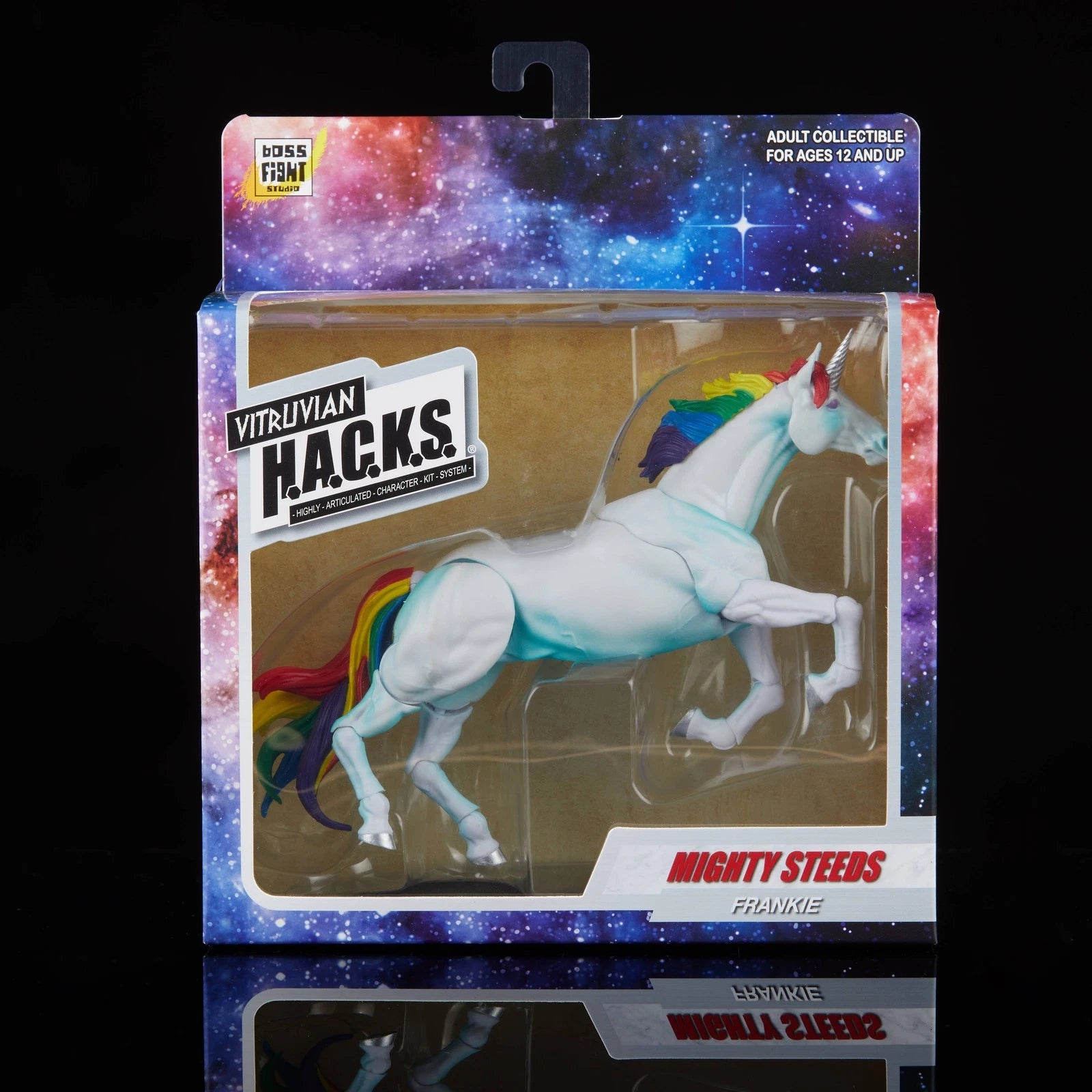 Mighty Steeds Frankie Basic Unicorn 1:18 Scale Vitruvian HACKS Compatible NIB by Boss Fight Studio Llc in galaxy-themed packaging