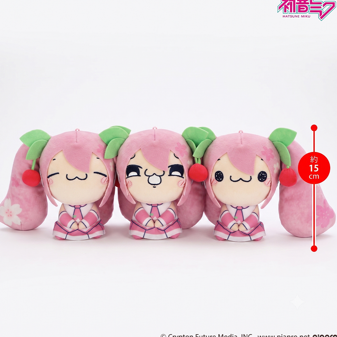 Three Hatsune Miku Sakura Miku Muhaha Plush U-PICK 6 Inch Official Licensed Vocaloid Collectible by UCC displayed together.