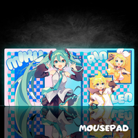Abysse XXL mousepad featuring Vocaloid Hatsune Miku, Rin, and Len with colorful checkered blue and pink background design