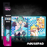Abysse XXL mousepad featuring vibrant Vocaloid Hatsune Miku and friends design with colorful blue and pink background
