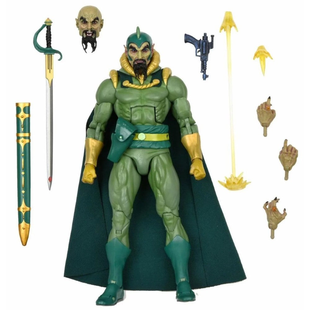 Ming the Merciless King Features Original Superheroes NECA 7-Inch Action Figure new in box with green cape and weapon accessories