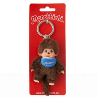 4" Monchhichi Keychain - Classic Boy, Blue Bib Mascot - Authentic Plush Mascot, NWT by Sekiguchi on red card backing