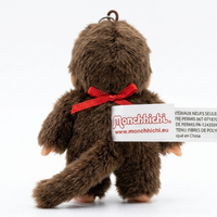 4" Monchhichi Keychain - Classic Boy, Red Bib Mascot - Authentic Plush Mascot, NWT by Sekiguchi shown from back view with tag visible