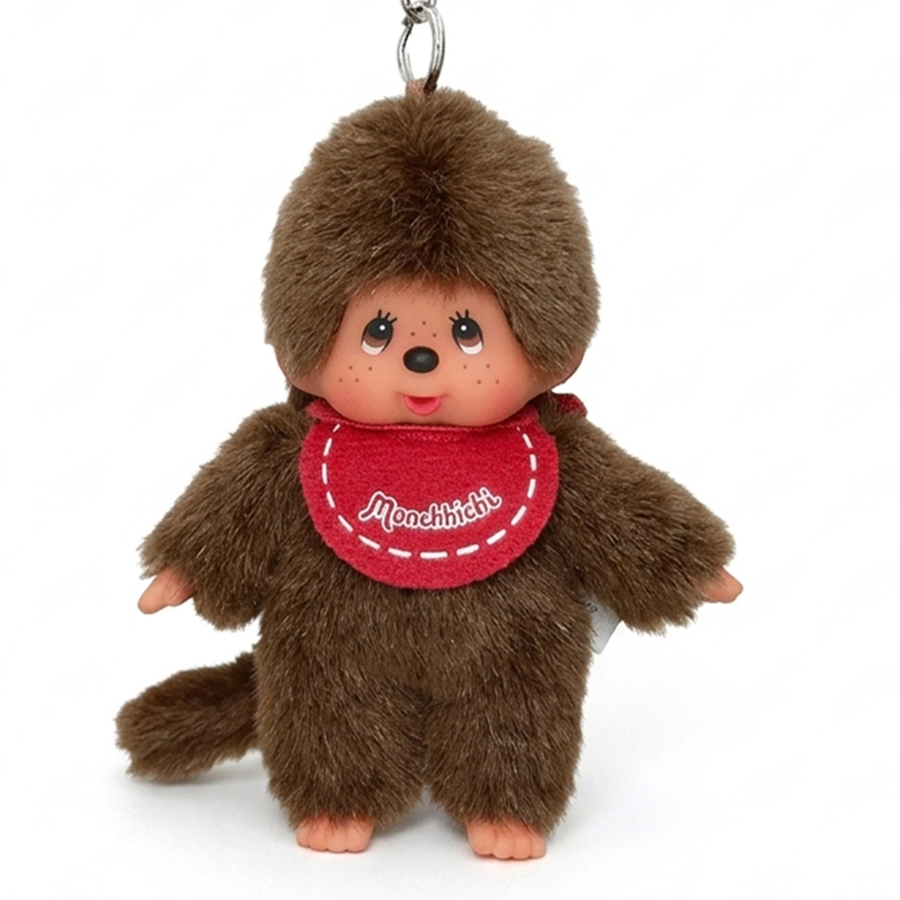 4" Monchhichi Keychain - Classic Boy, Red Bib Mascot - Authentic Plush Mascot, NWT by Sekiguchi hanging on a ring