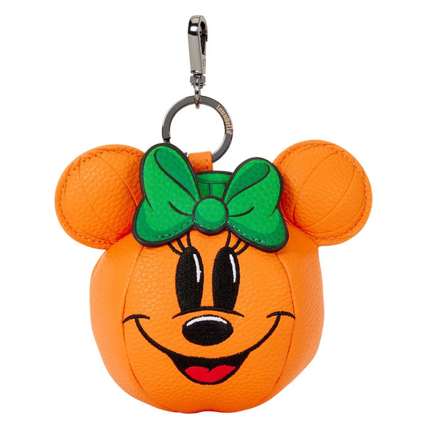 Minnie Mouse pumpkin keychain with orange ears and green bow