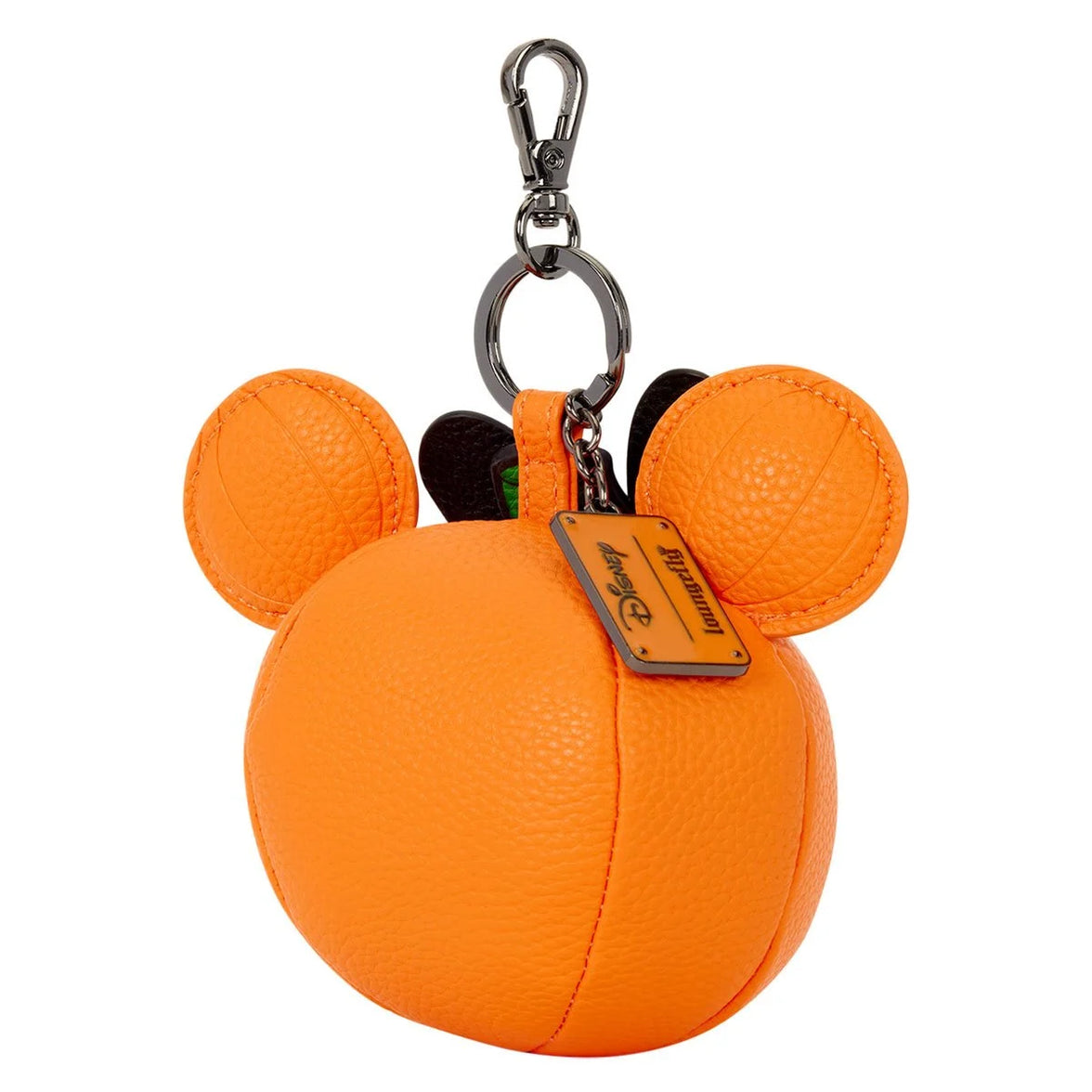 Orange character-shaped keychain with round ears, metal clip, and attached tag