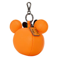 Orange character-shaped keychain with round ears, metal clip, and attached tag