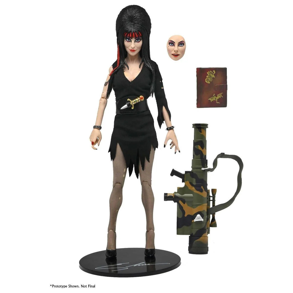 Commando Elvira - Mistress of the Dark 8-Inch Clothed Action Figure by Neca with extra face, book, and camo rocket launcher new in box