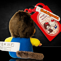 Sekiguchi Monchhichi plush bag clip dressed as Hello Kitty in overalls with red clip and branded tag