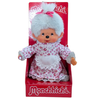 8" Large Monchhichi Doll - Girl Grand Ma - Authentic Monkey Plush, NWT by Sekiguchi in floral dress with white apron