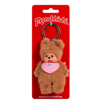 Sekiguchi Monchhichi 4-inch plush keychain with bear-themed design and signature thumb-sucking pose on red card.