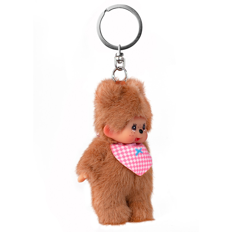 Sekiguchi 4-inch Bearchhichi plush keychain with bear-themed design and pink checkered bib, soft collectible doll.