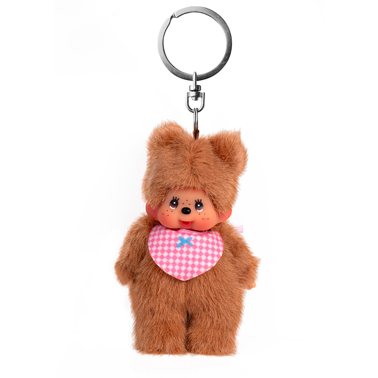 Sekiguchi Monchhichi Bearchhichi 4-inch plush keychain with bear ears and pink checkered bib collectible