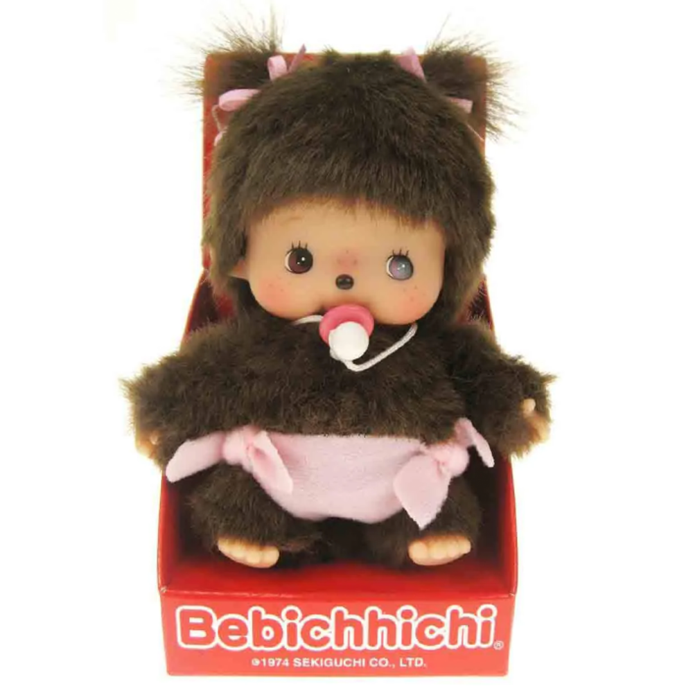 Sekiguchi Monchhichi Bebichhichi Sakura Girl plush with twin bows and pacifier in original red display box