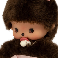 Sekiguchi Monchhichi Bebichhichi Sakura Girl plush with pacifier and soft brown fur close-up view