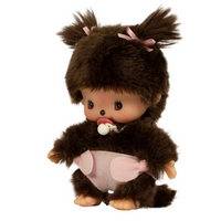 Sekiguchi Bebichhichi Sakura Girl plush with twin bows, pacifier, and soft fur, collectible 4.75-inch monkey toy.