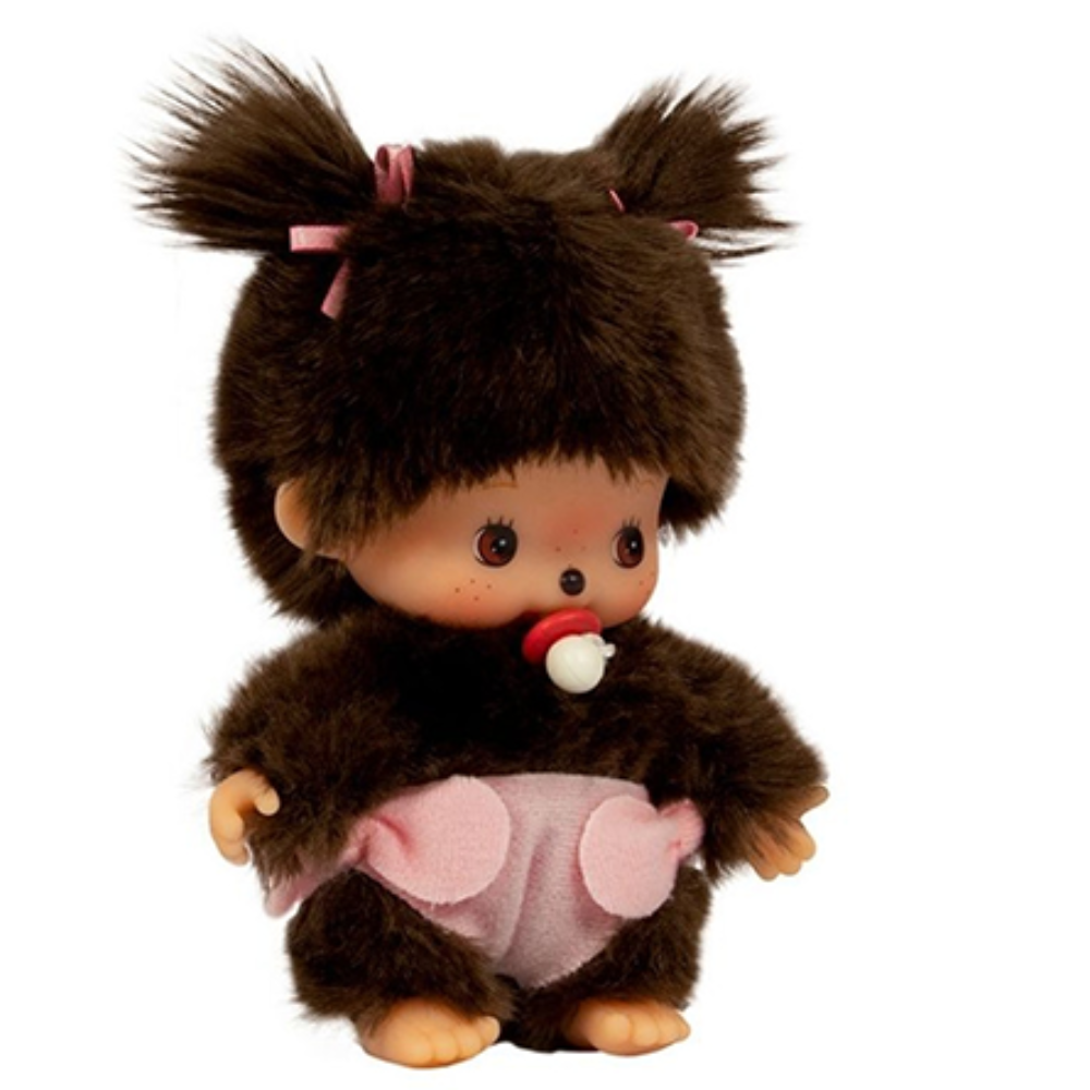 Sekiguchi Monchhichi Bebichhichi Sakura Girl plush with twin bows and pacifier, soft collectible toy 4.75 inches tall