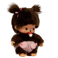 Sekiguchi Monchhichi Bebichhichi Sakura Girl plush with twin bows and pacifier, soft collectible toy 4.75 inches tall