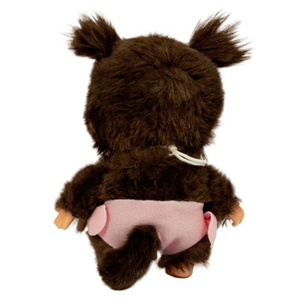 Sekiguchi Monchhichi Bebichhichi plush toy girl viewed from back wearing pink diaper and twin ponytails