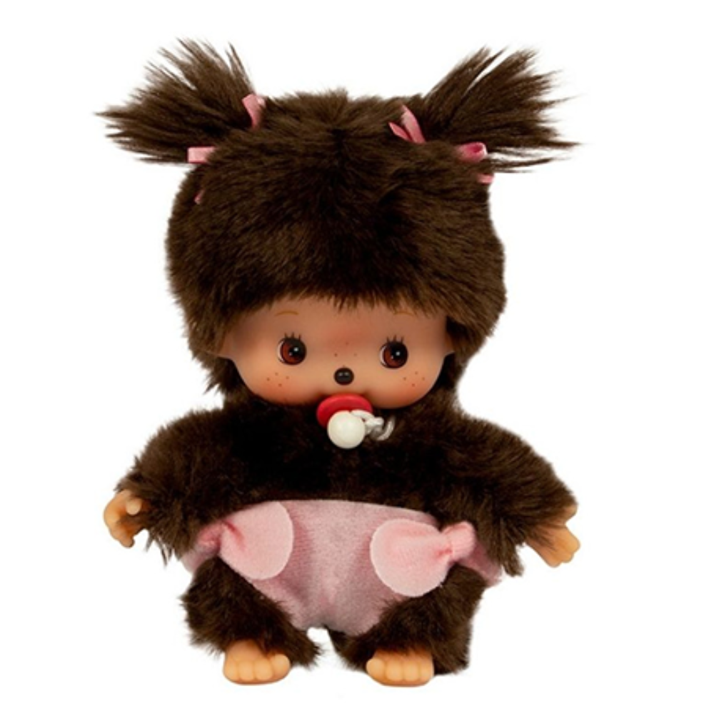 Sekiguchi Monchhichi Bebichhichi plush girl with brown fur, twin bows, pacifier, and pink heart diaper accessory