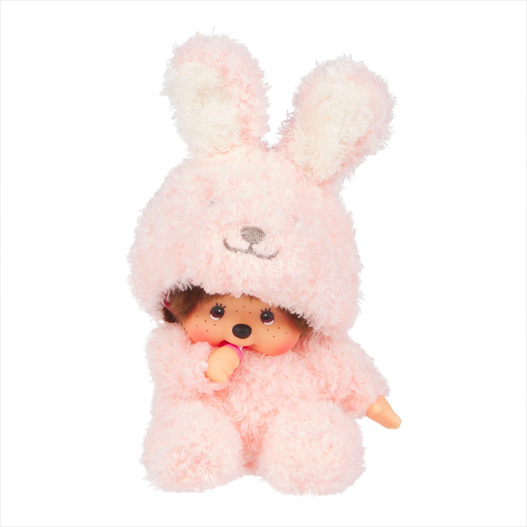 Sekiguchi Monchhichi 7-inch plush doll wearing a soft pink fluffy bunny costume with thumb-sucking pose