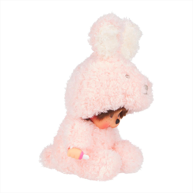 Sekiguchi Monchhichi 7-inch plush doll in soft pink fluffy bunny costume sitting with thumb in mouth