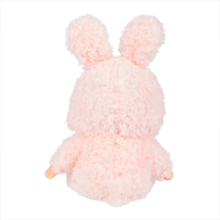 Back view of Sekiguchi Monchhichi Sitting Fluffy Bunny Doll Plush in soft pink bunny outfit, 7 inches tall.