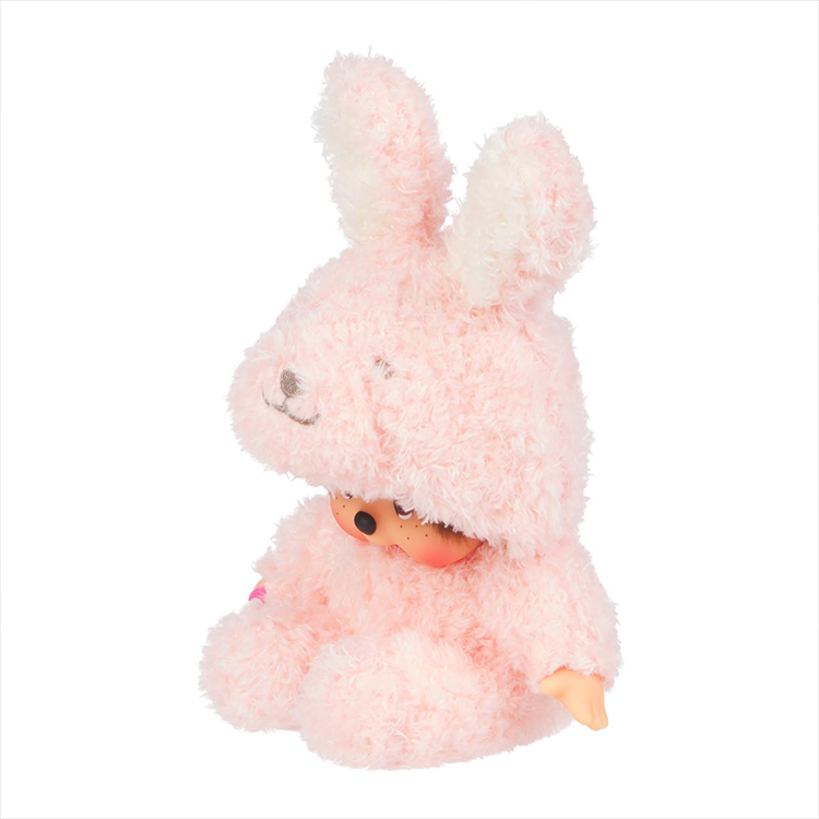 Sekiguchi Monchhichi 7-inch plush doll in soft pink bunny costume with thumb-sucking pose, collectible edition.