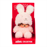 Sekiguchi Monchhichi 7-inch plush doll in a soft pink fluffy bunny outfit sitting in a red display box.
