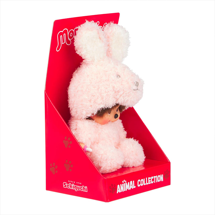 Sekiguchi Monchhichi 7 inch plush doll dressed in soft pink bunny costume sitting in red display box