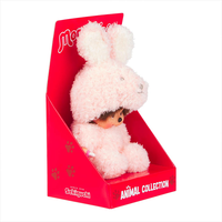 Sekiguchi Monchhichi 7 inch plush doll dressed in soft pink bunny costume sitting in red display box