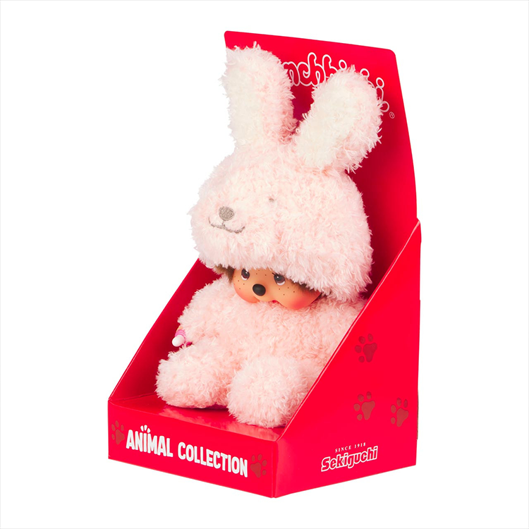 Sekiguchi Monchhichi 7-inch collectible plush doll in pink fluffy bunny outfit sitting in display box