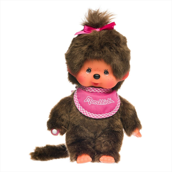 Sekiguchi Monchhichi Classic Girl plush with pink bib and thumb in mouth, soft collectible toy, 8 inches tall.
