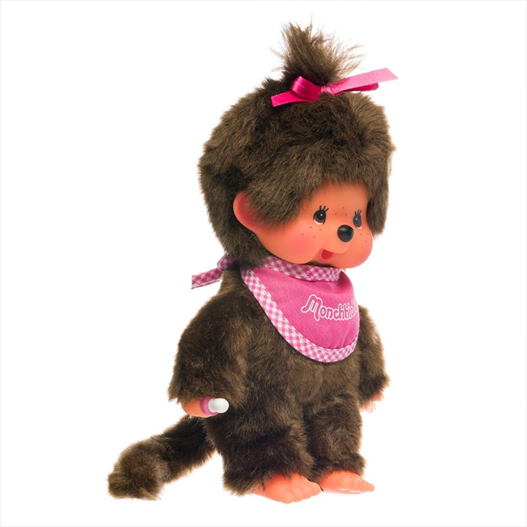 Sekiguchi Monchhichi Classic Girl plush with pink bib and bow, 8 inches tall, soft collectible doll.